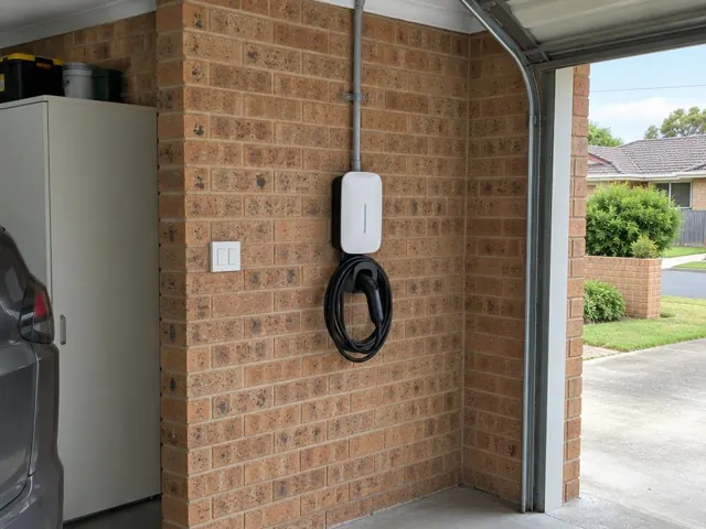 Wall-mounted EV charger with coiled cable on a brick garage wall beside a driveway in Kotara