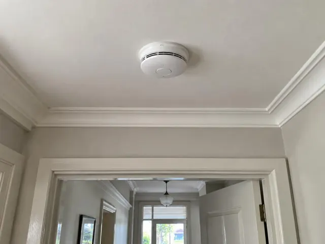 White smoke alarm on a hallway ceiling in a painted home interior in Adamstown